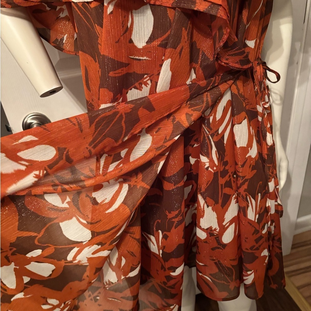 CALVIN KLEIN Flutter Sleeve Wrap Dress 'Earth Multi' Orange Rust Autumn Sz 16 - Picture 9 of 13
